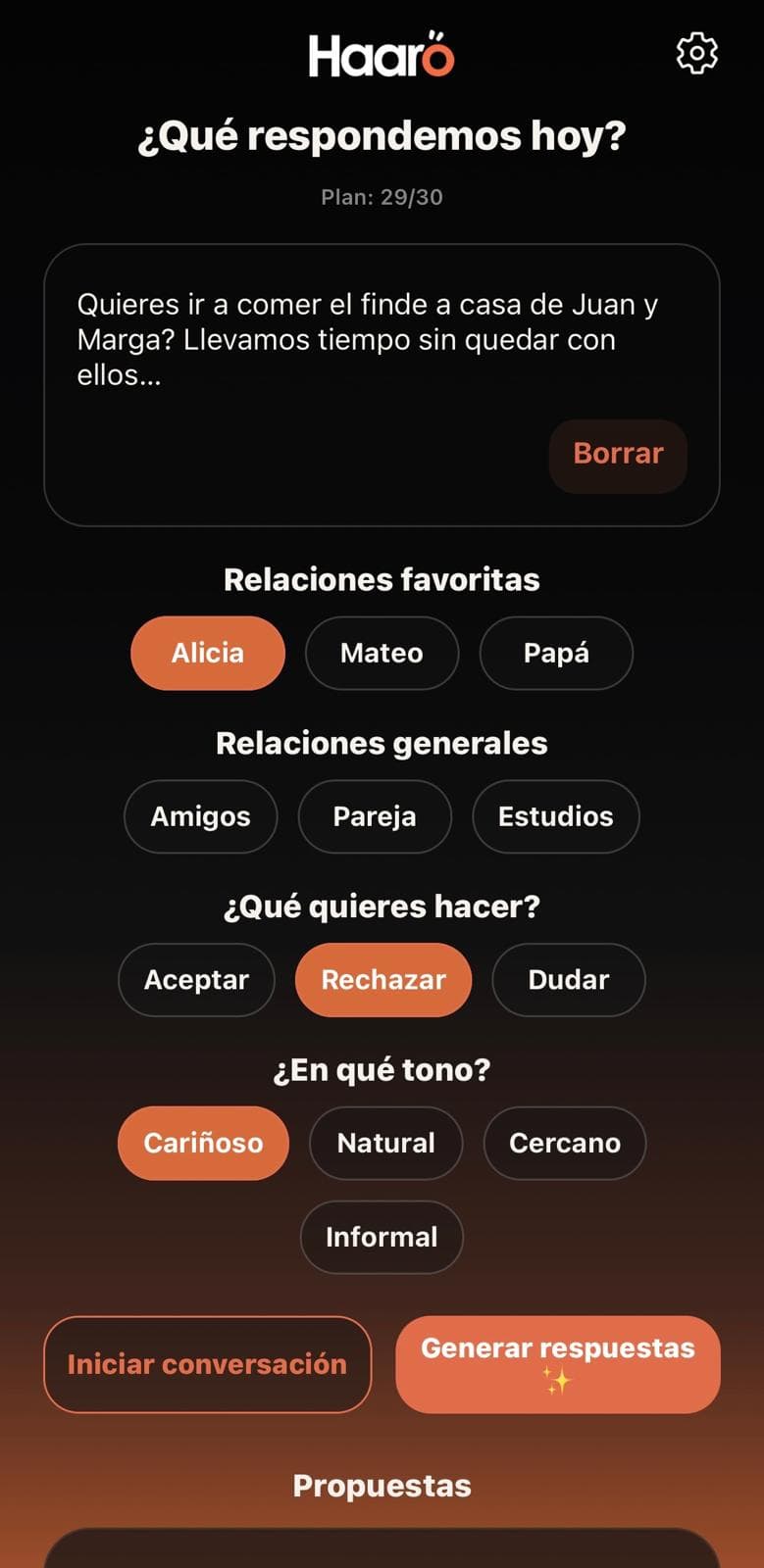Pantalla principal de Haaro configurando una respuesta